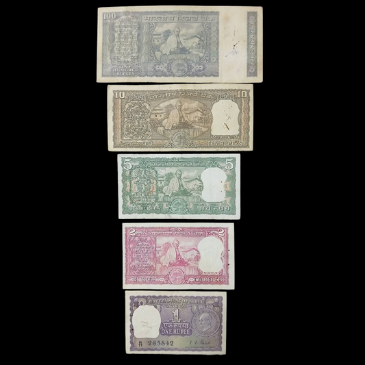 Rs 100 , 10 , 5 , 2 , 1 Backside Gandhi Reading Issue set of 5 Notes rare
