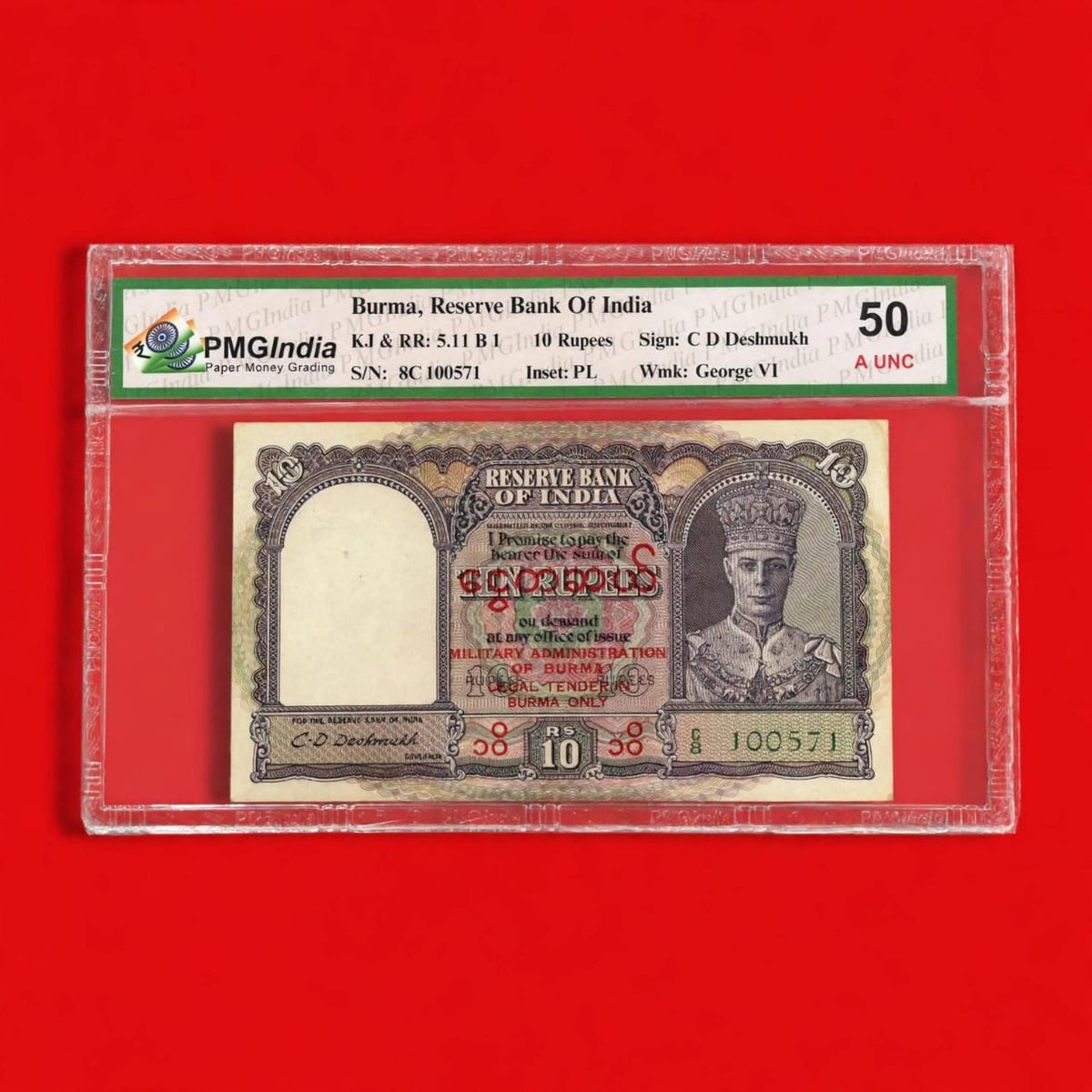 Rs 10 Burma RBI George VI Overprint Note C D Deshmukh Rare