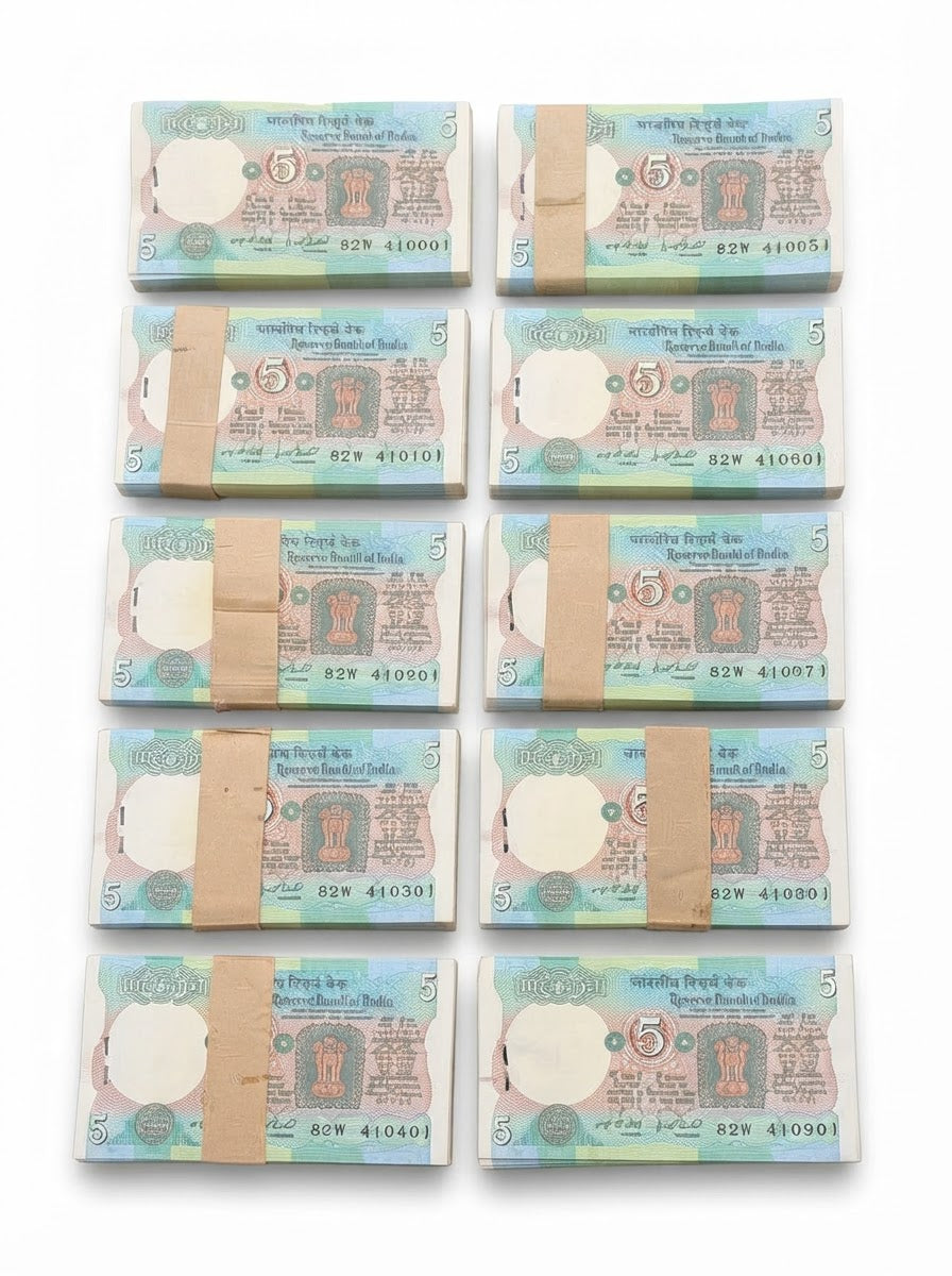 Rs 5 Tractor RIM 10 Packets 1000 Notes Gov. I G Patel Rare Item
