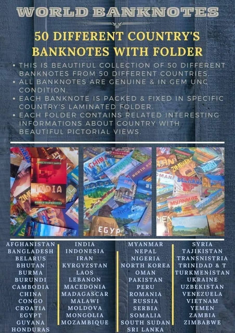 Rare 
SET OF 50 DIFFERENT COUNTRY BANKNOTES WITH BEAUTIFUL FOLDER - Collection Bazzar