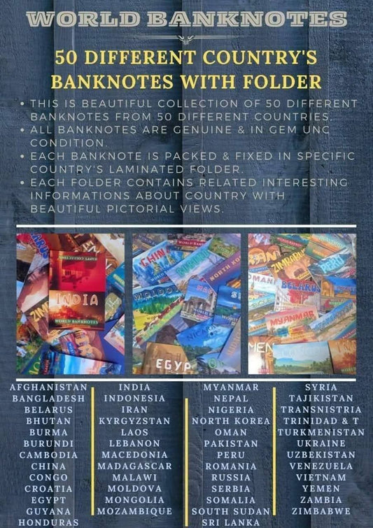 Rare 
SET OF 50 DIFFERENT COUNTRY BANKNOTES WITH BEAUTIFUL FOLDER - Collection Bazzar