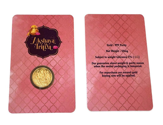 Akshaya Tritiya 50mg 999 Pure Gold Coin featuring Goddess Lakshmi Mata in sealed collectible card