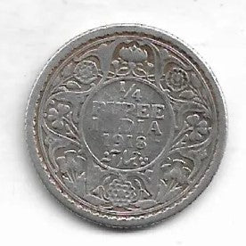 Quarter Rupee 1/4 Silver Coin 1918 George V King Emperor Rare