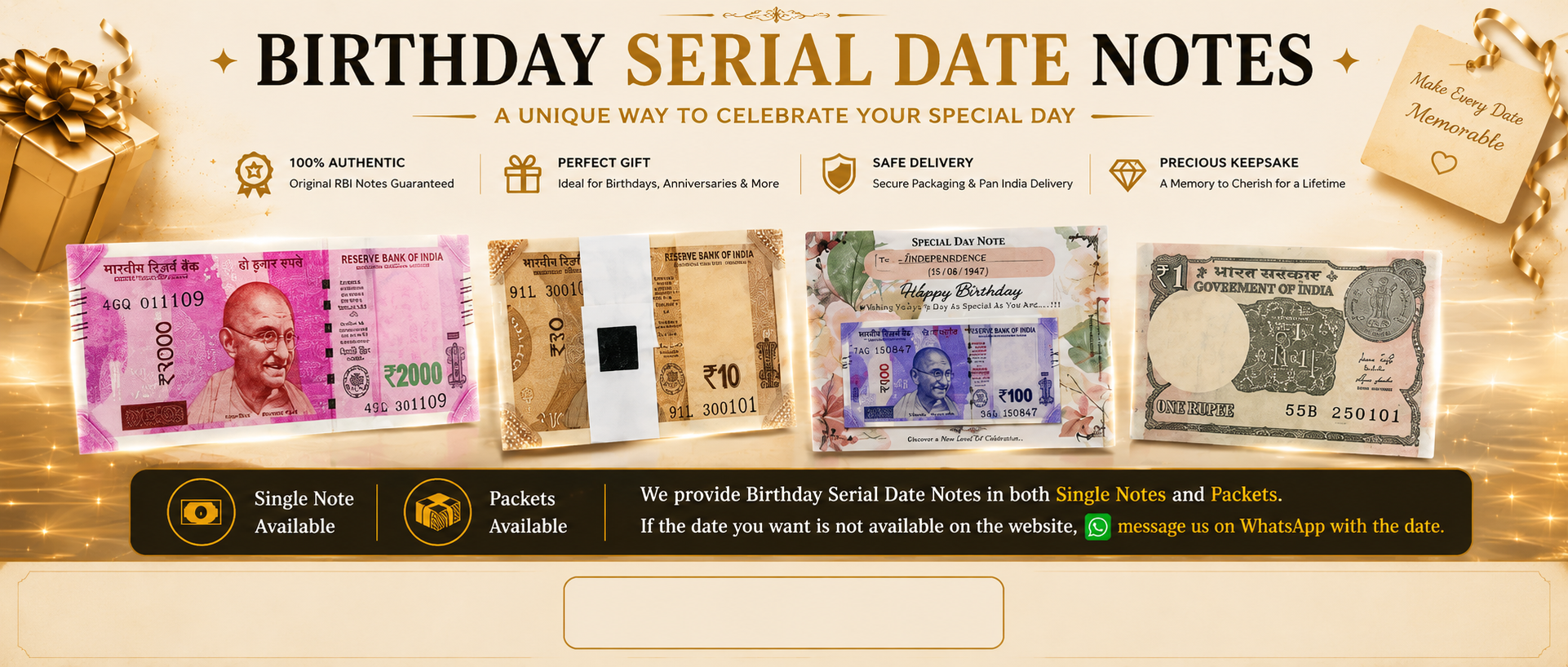 Birthday and Anniversary Date Currency Notes Banner featuring special serial number banknotes with memorable birth dates, anniversary dates and historic date combinations.