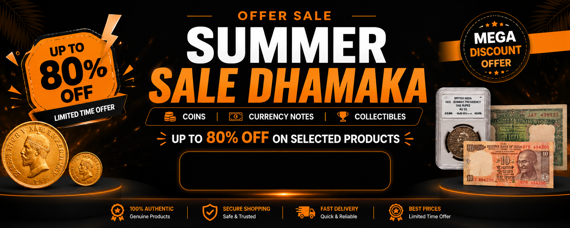 Summer Sale Dhamaka Banner featuring up to 80% discount on rare coins, currency notes and collectibles with a View All Products call-to-action.