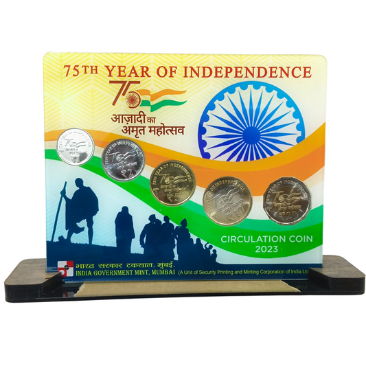 G20 75th Azadi Ka Amrit Mahotsav 2023 coin set of ₹1, ₹2, ₹5, ₹10, ₹20 in acrylic frame with stand, issued by India Government Mint.
