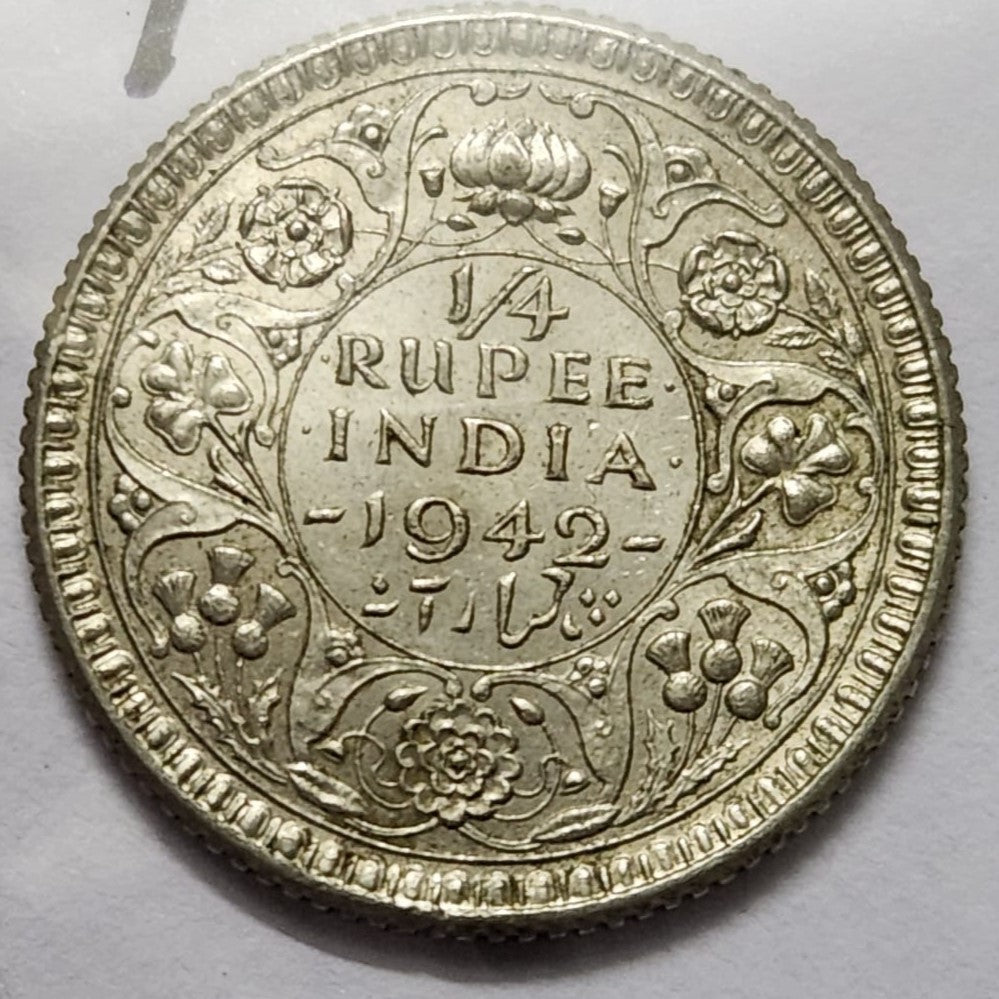 Quarter Rupee 1/4 Silver Coin 1942 George VI King Emperor Rare
