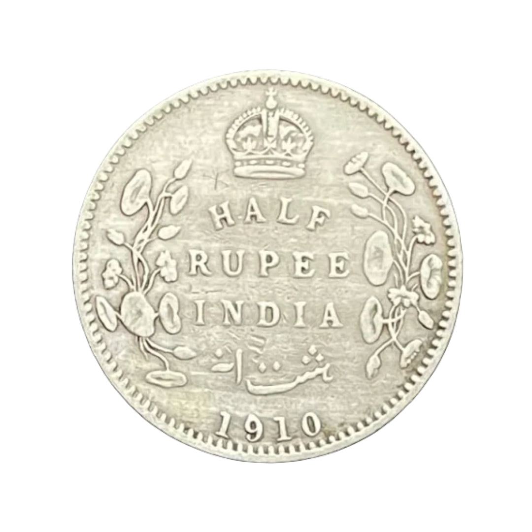 1910 Half Rupee British India silver coin featuring Edward VII portrait and floral wreath reverse design.