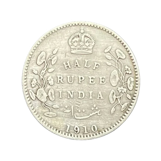 1910 Half Rupee British India silver coin featuring Edward VII portrait and floral wreath reverse design.