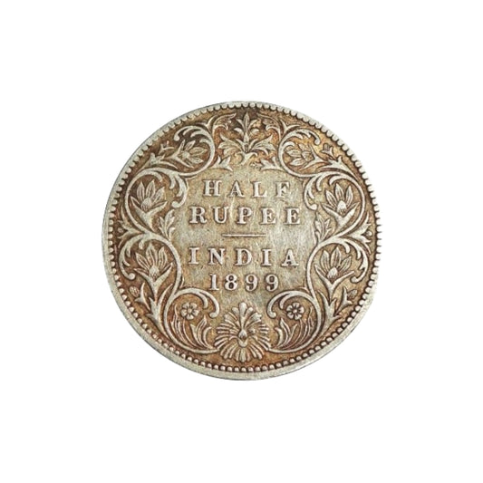 1899 half rupee British India silver coin featuring Queen Victoria Empress and floral wreath reverse design.