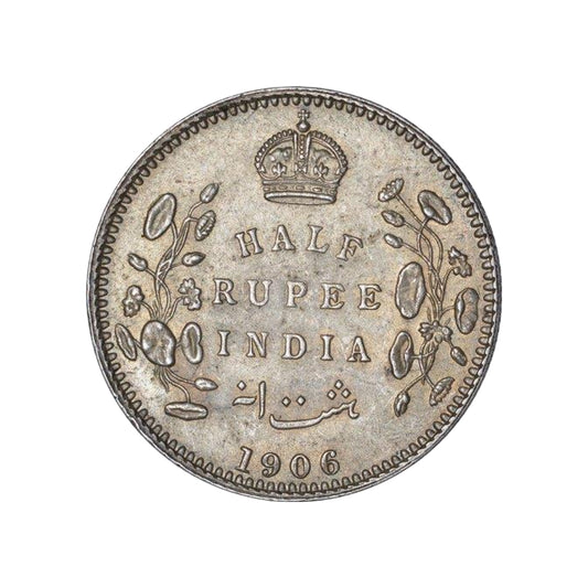 1906 India half rupee silver coin featuring King Edward VII with floral wreath reverse, British India collectible silver coin.