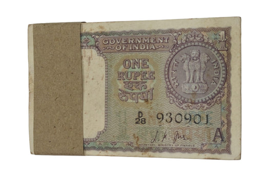 Rare ₹1 note packet with serial number 930901, L. K. Jha signed Government of India issue 100 UNC notes full bundle