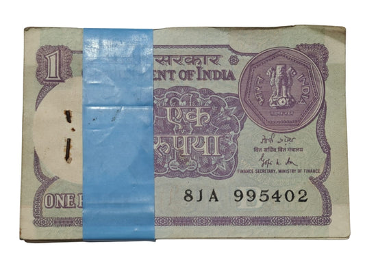 Rare ₹1 note packet with serial number 995402, signed by Gopi Krishna, Government of India issue 100 UNC notes full bundle