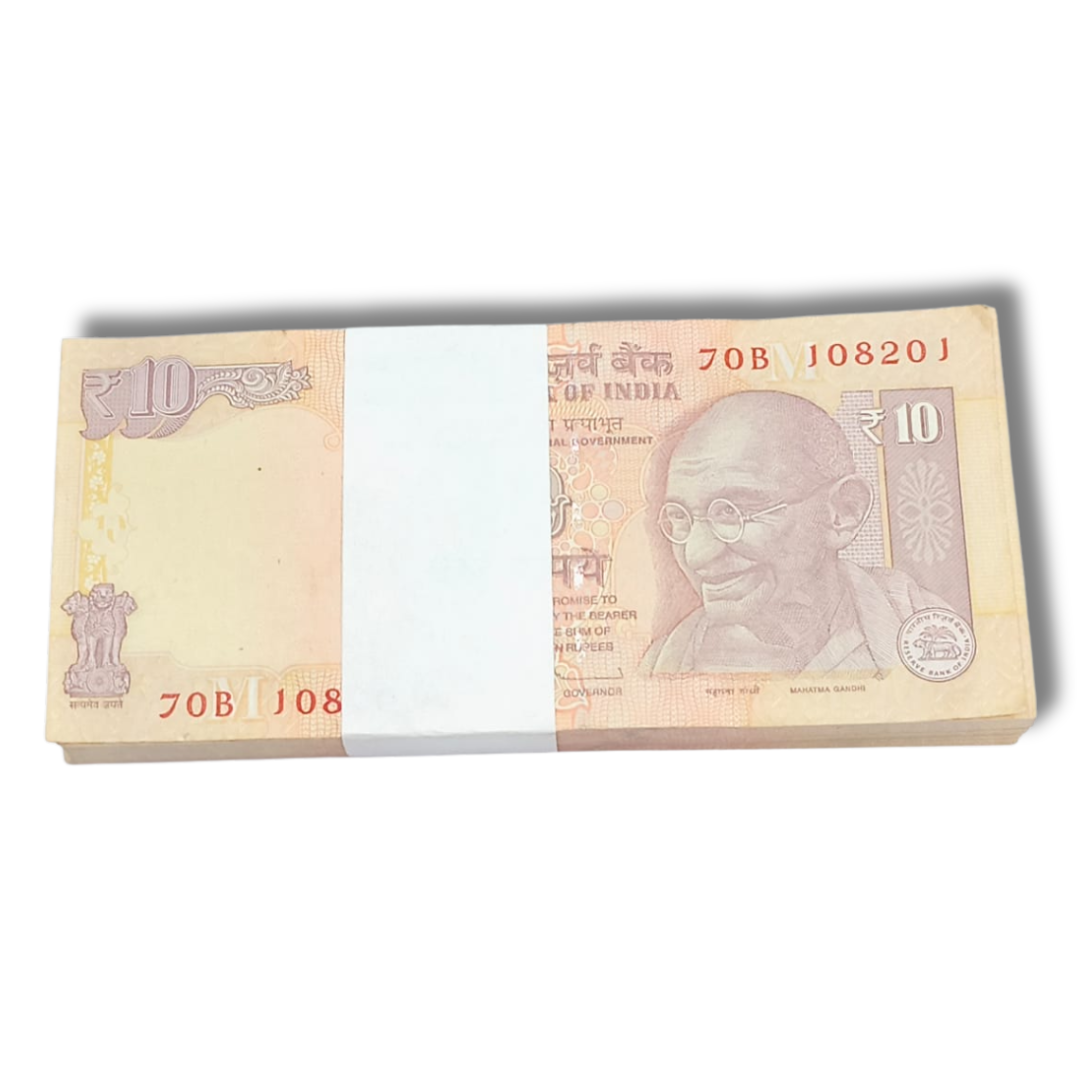 Rare ₹10 note packet with serial number 108201, D. Subbarao signed 100 UNC notes full bundle