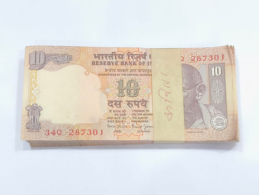 Rare ₹10 note packet with serial number 287301, Bimal Jalan signed 100 UNC notes full bundle"