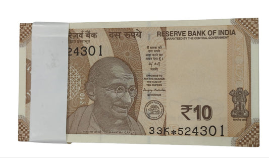Rare ₹10 star note packet with serial number 524301✱, RBI replacement issue 100 UNC notes full bundle