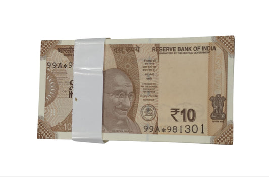 Rare ₹10 star note packet with serial number 981301✱, RBI replacement issue 100 UNC notes full bundle