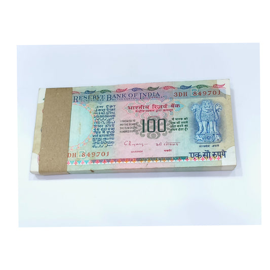 Rare ₹100 note packet with serial number 849701, RBI issue 100 UNC notes full bundle
