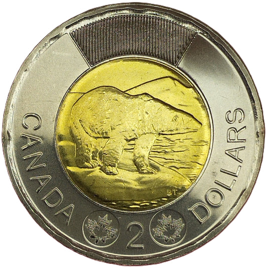 Rare $2 Canada coin (Toonie) featuring polar bear design and Queen Elizabeth II portrait, bimetallic collectible Canadian coin