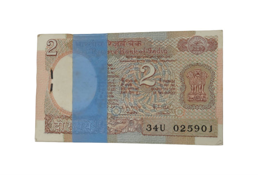 Rare ₹2 satellite note packet with serial number 025901, RBI old issue 100 UNC notes full bundle