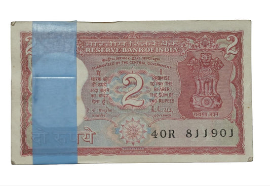 Rare ₹2 tiger note packet with serial number 811901, RBI old issue 100 UNC notes full bundle