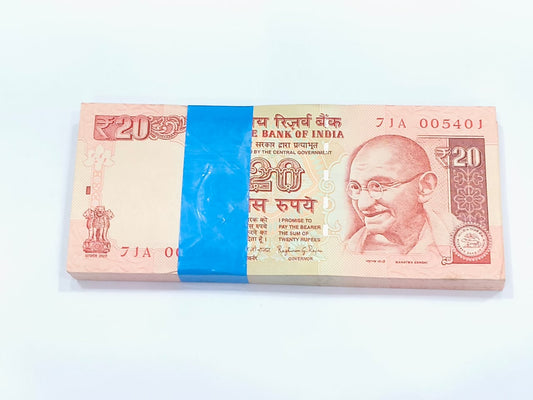 Rare ₹20 note packet with low serial number 005401, Raghuram Rajan signed 100 UNC notes full bundle