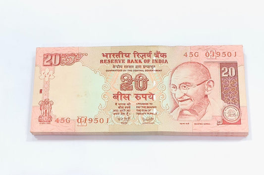 ₹20 note packet with low serial number 019501, Y. V. Reddy signed 100 UNC notes full bundle