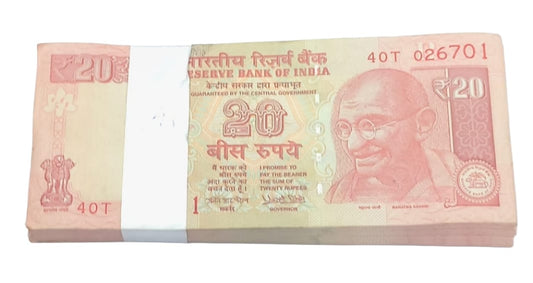 Rare ₹20 note packet with low serial number 026701, RBI issue 100 UNC notes full bundle