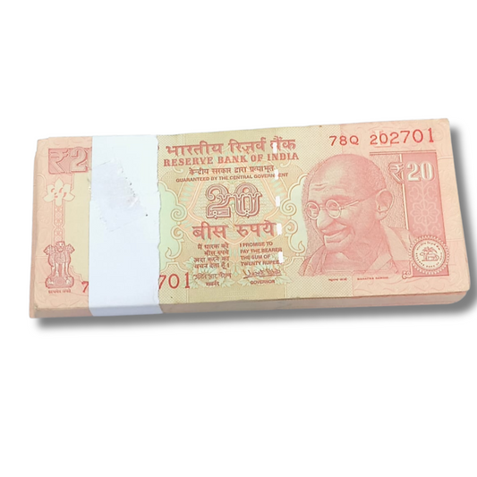 Rare ₹20 note packet with serial number 202701, Urjit Patel signed 100 UNC notes full bundle