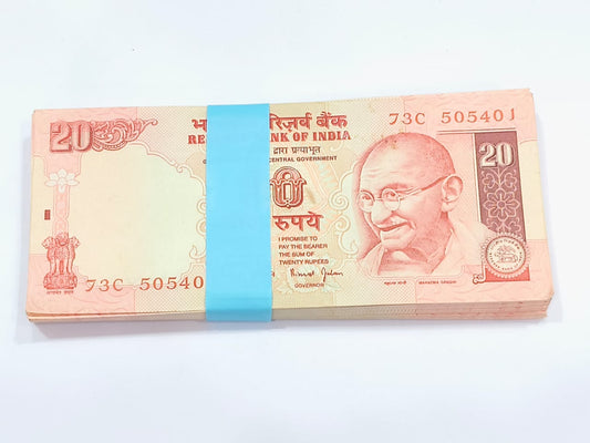 Rare ₹20 note packet with serial number 505401, Bimal Jalan signed 100 UNC notes full bundle