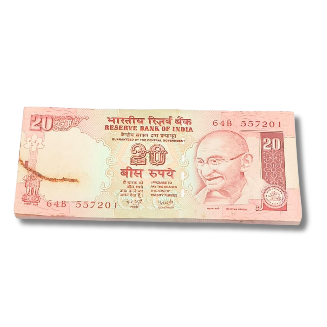 "Rare ₹20 note packet with serial number 557201, Y. V. Reddy signed 100 UNC notes full bundle"