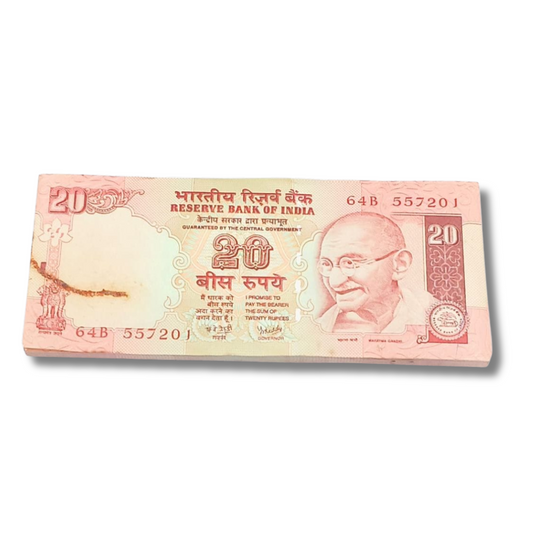 "Rare ₹20 note packet with serial number 557201, Y. V. Reddy signed 100 UNC notes full bundle"