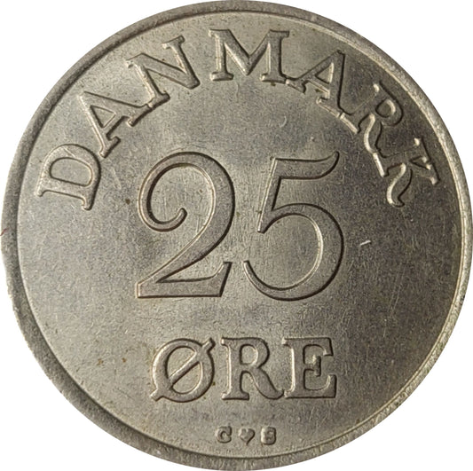 Rare 25 Øre Denmark coin featuring royal monogram and crown design, collectible old Danish Krone subunit coin