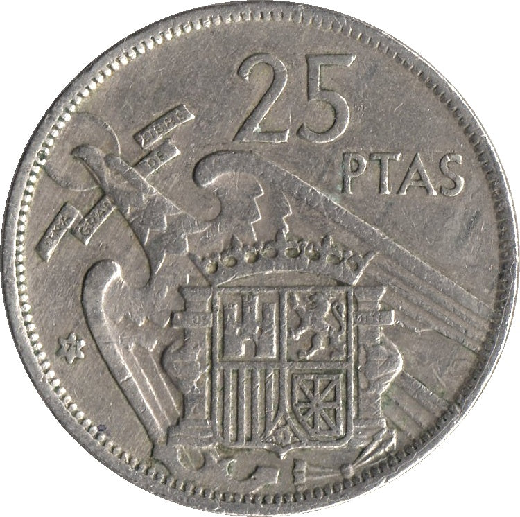 Rare 25 Pesetas Spain coin featuring King Juan Carlos I and Spanish coat of arms, collectible pre-Euro coin