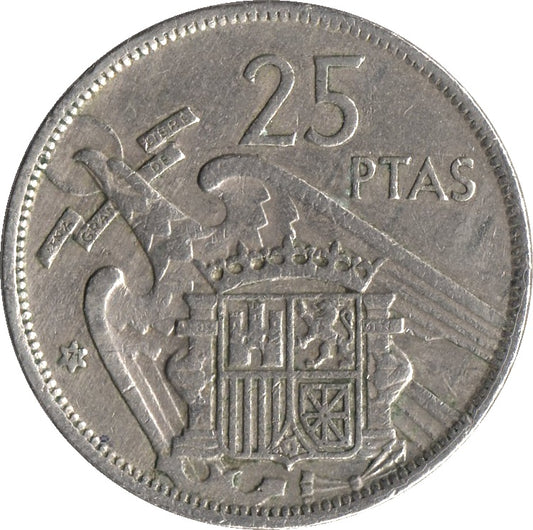 Rare 25 Pesetas Spain coin featuring King Juan Carlos I and Spanish coat of arms, collectible pre-Euro coin