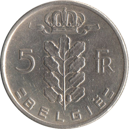 Rare 5 Francs Belgium coin featuring King Baudouin and Belgian coat of arms, collectible pre-Euro Belgian coin