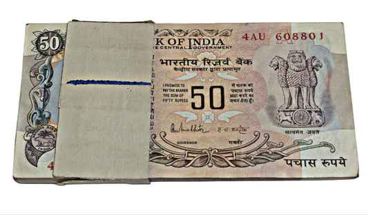 Rare ₹50 old note packet with serial number 608801 signed by R.N. Malhotra, RBI old issue 100 UNC notes full bundle