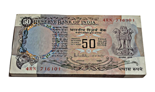 Rare ₹50 old note packet with serial number 716101 signed by R.N. Malhotra, RBI old issue 100 UNC notes full bundle
