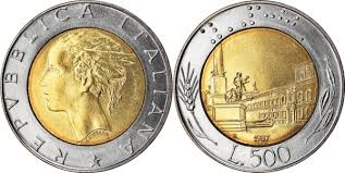 Rare 500 Lire Italy bimetallic coin featuring Christopher Columbus ships and allegorical female head, collectible Italian Lira coin
