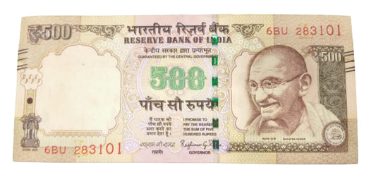 Rare ₹500 note packet with serial number 283101, old Gandhi series RBI issue, 100 UNC notes full bundle