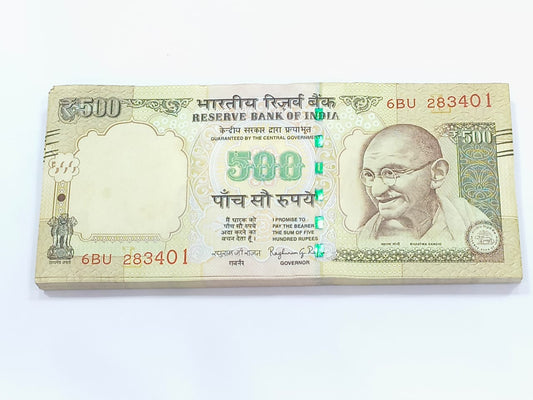 Rare ₹500 note packet with serial number 283401, Raghuram Rajan signed, with Braille identification mark, 100 UNC notes full bundle