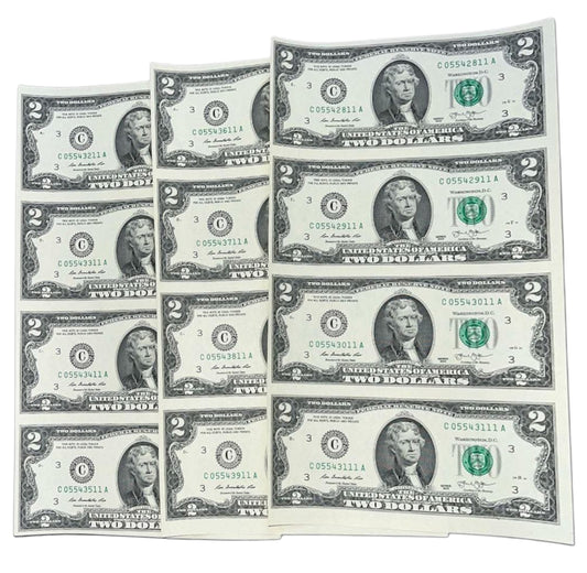 2 Dollar Uncut Sheet | Rare U.S. Federal Reserve Notes | Collectible Currency Sheet