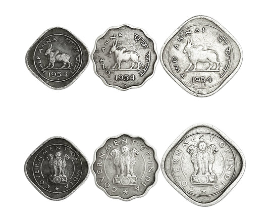 1954 coins half anna, One anna and Two anna Coins Set