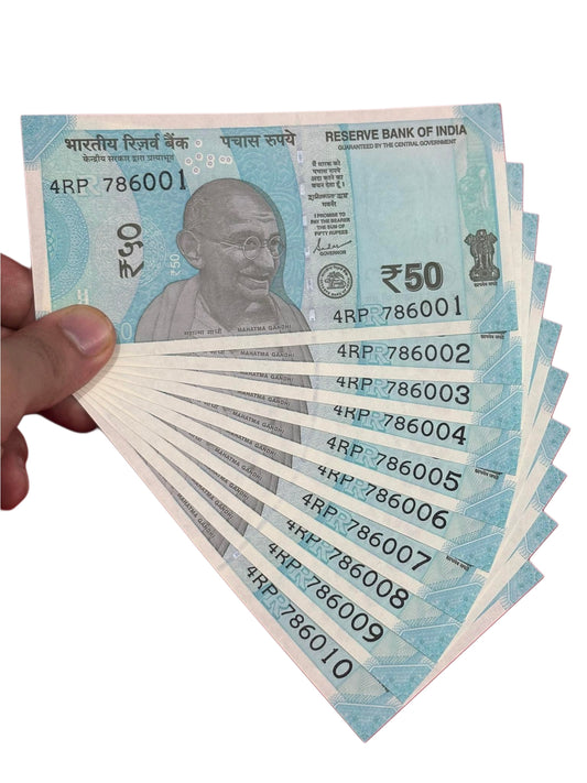 ₹50 Indian Currency Notes 786001 to 786010 Consecutive Serial Numbers – Rare Collectible"