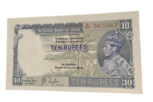 British India ₹10 King George VI Note | J.B. Taylor Signature | Rare 10 Rupees Old Indian Currency Collectible