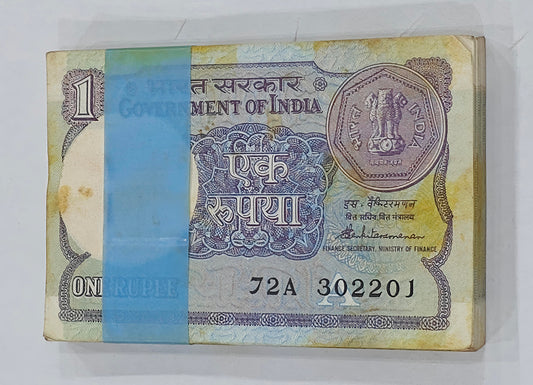Rs 1 bank note year 1986 old Packet 100sirial 302201