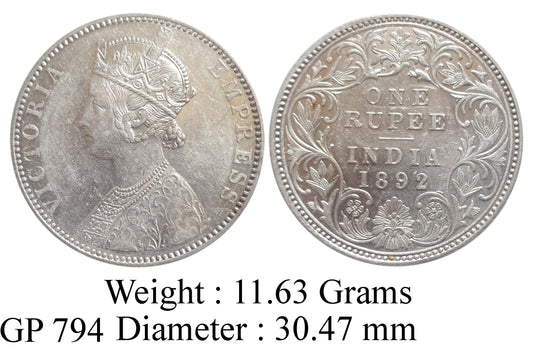 1892 One Rupee Silver Coin | Queen Victoria Empress | Rare British India