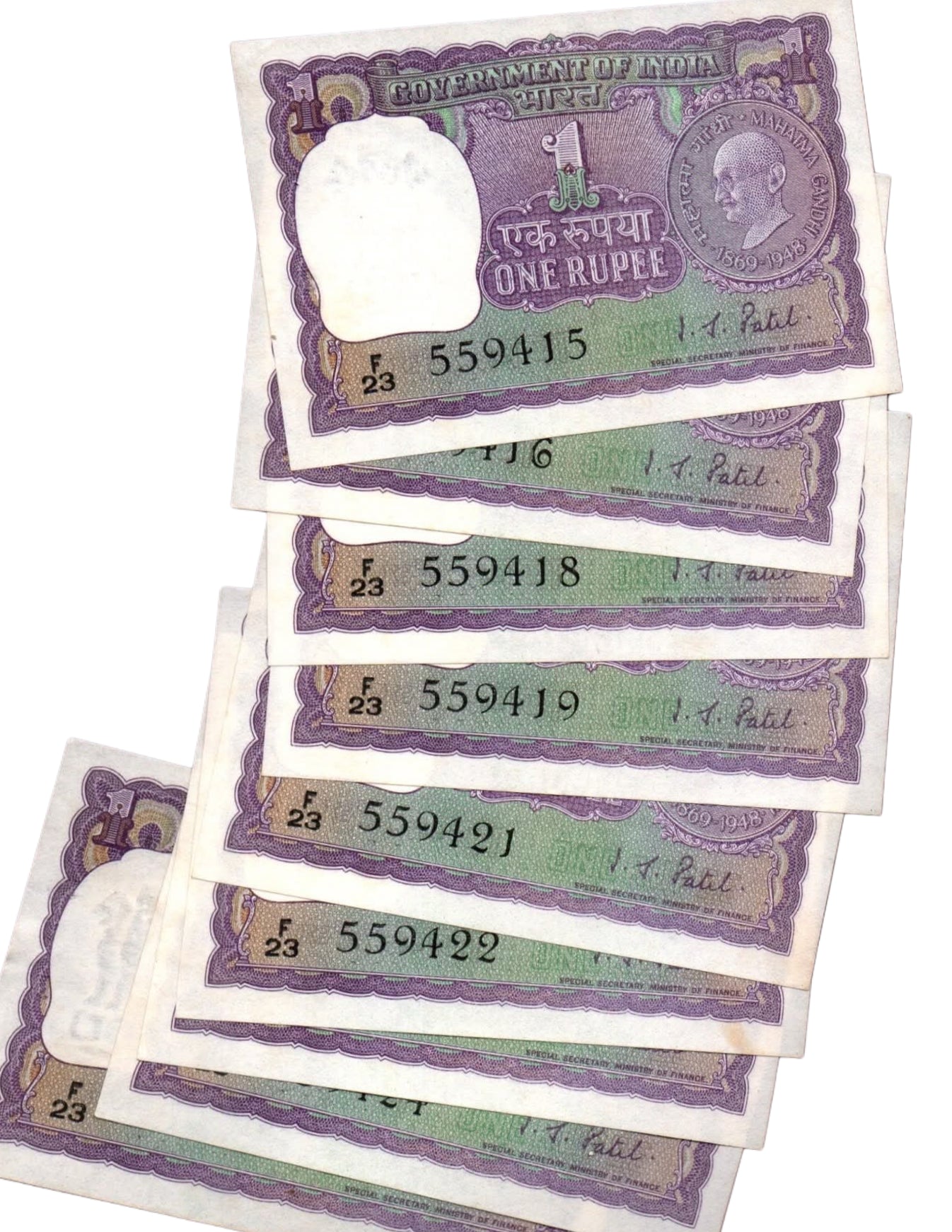 1969 ₹1 Mahatma Gandhi Commemorative Notes (Set of 10) | Rare One Rupee Old Indian Currency | I. B. Patel Signed