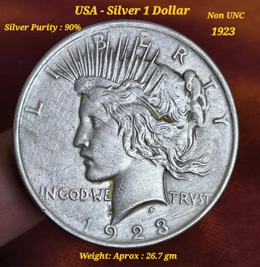 For Vintage Foregin Silver Coin collectors rare 

 1 Dollar - 1923 - USA Peace - Non UNC

Silver Purity  : 90%