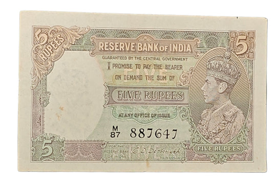 5 King George VI Note | C.D. Deshmukh Signature | Rare British India 5 Rupees Old Currency Collectible